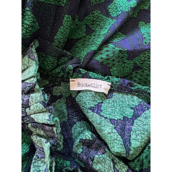 Bucket List Green and Navy Lightweight Cotton Button Up Ruffle Neck Blouse Small - Picture 3 of 12